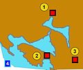 Bay of Kotor and Illyrian fortresses on the hills 1)Risan 2)Gosici 3)Kremalj (Mirac)