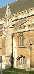 A buttress and a flying buttress, mostly concealed, supporting walls at the Palace of Westminster