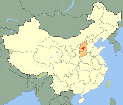 Lage Taiyuans (rot) in Shanxi (orange) und China (gelb)
