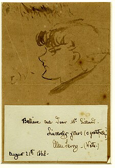 An 1868 self-caricature signed "Ellen Terry (Watts)".