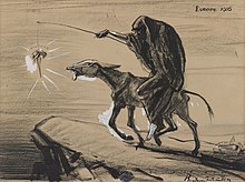 A cartoon named Europe 1916 depicts Death riding a donkey toward the edge of a cliff. Death holds a long stick from which dangles a carrot just out of reach of the skinny donkey. The carrot is labeled "Victory".