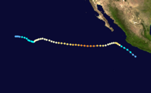 A track map of a hurricane across the Eastern Pacific; though the endpoints have multiple curves up and down, the middle is a mostly straight westward path