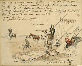 Maney Snows Have Fallen...(Letter from Ah-Wa-Cous (Charles Russell) to Short Bull), ca.1909 - 1910, Watercolor, pen & ink on paper, Sid Richardson Museum, Fort Worth, Texas [27]
