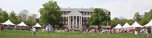 Visitors and pavilions in front of McKeldin Library on Maryland Day, 2008