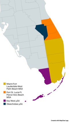 Location of the Miami metropolitan area's four primary components in Florida
