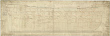 Drawing of the plan of the side of the hull of a sailing ship, without masts shown