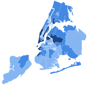 A map of Assembly districts by their vote in the 1929 New York City mayoral election. All voted for Walker to varying degrees.