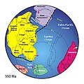 Paläogeographische Situation um 550 mya mit den gelb und lila markierten Kontinentalmassen Gondwanas