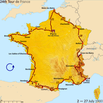 Route of the 1930 Tour de France followed counterclockwise, starting in Paris