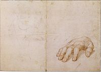 Louvre, Study of right hand of Erasmus, with sketch of face. The hand relates to the London portrait; the face seems to be later, and related to the roundel of c. 1532