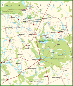 A map of the Suwałki Region, with towns, roads and forest areas