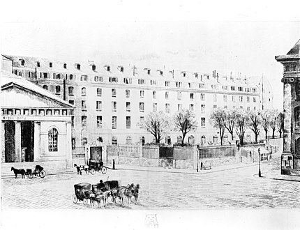 View of the parvis in 1852 facing southwest. Pictured is the Hôtel-Dieu in its old location along the river.