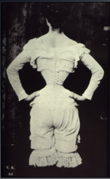 A view of a woman in a corset and bloomers from the back with her hands on her hips. She has a very small waist.