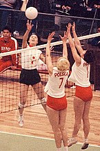 Yuriko Handa spiking ball against Poland National Team, 1964 Tokyo Olympics Women's Volleyball