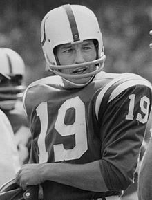 Johnny Unitas in his Baltimore Colts uniform and helmet