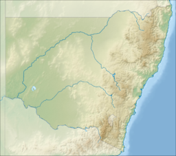 A map of New South Wales, Australia, with a mark showing the location of Menindee Lakes