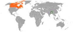 Map indicating locations of Bhutan and Canada