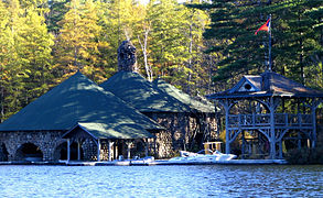 Stone boathouse at Camp Katia on Upper St. Regis Lake, United States