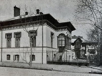 Diamandi House, Bucharest, unknown architect, c.1900. While all the ornaments are Romanian Revival, the structure of the house is specific to the Belle Époque: a house with three or two windows towards the street, garden, entrance in the garden, and only one story high