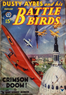 A futuristic plane and some biplanes in a dogfight over a city