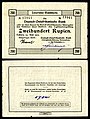 Image 11 German East African rupie Banknote design credit: Deutsch-Ostafrikanische Bank; photographed by Andrew Shiva The rupie was the unit of currency of German East Africa between 1890 and 1916. During World War I, the colony was cut off from Germany as a result of a wartime blockade and the colonial government needed to create an emergency issue of banknotes. Paper made from linen or jute was initially used, but because of wartime shortages, the notes were later printed on commercial paper in a variety of colours, wrapping paper, and in one instance, wallpaper. This two hundred rupie banknote was issued in 1915, and is now part of the National Numismatic Collection at the Smithsonian Institution. Other denominations: '"`UNIQ--templatestyles-00000013-QINU`"' * 1 rupie * 5 rupie * 10 rupie * 20 rupie * 50 rupie More selected pictures