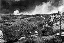 German stormtroops training with a flamethrower in a dummy trench system near Sedan, France, May 1917