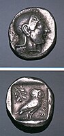 Greek silver tetradrachm of Athens (Attica). Goddess Athena and an owl with an olive branch. 6th century BC
