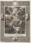 Io changed into a cow, Mercury cuts off Argus' head by Bernard Picart (1733)