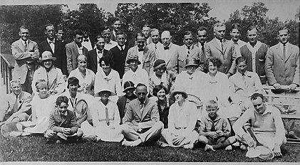 (Seventh from top left.) A tournament at Lake Mohonk is ongoing. He went on to win singles and doubles. Lauretta is seated second from the lower left. 1924