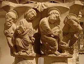 Notre-Dame-en-Vaux, Châlons-en-Champagne. This paired capital representing Christ washing the feet of the disciples is lively and naturalistic.