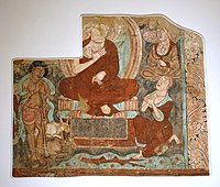 Painting of a cowherd listening to a sermon of the Buddha, from the right wall of the main hall. Cave of the Statues. 14C date: 406-425 AD.[132]