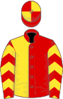 Red and yellow (halved), hooped sleeves, quartered cap