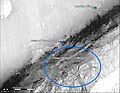 Curiosity rover landing site (green dot) - Blue dot marks Glenelg Intrigue - Blue spot marks "Base of Mount Sharp" - a planned area of study.