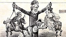 Cartoon depicting the alternation of parties in the Empire during the Second Reign, in which the main parties appear on a merry-go-round formed by Pedro II.