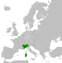 Kingdom of Sardinia-Piedmont in 1859 including conquest of Lombardy; client state in light green