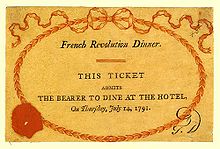 Orangefarbene Eintrittskarte mit der Aufschrift „Bankett zur Französischen Revolution. Diese Karte erlaubt dem Inhaber, am Donnerstag dem 14. Juli 1791 im Hotel zu speisen“