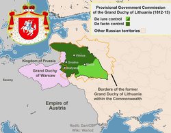 The territories of the General Confederation of the Kingdom of Poland, including the Duchy of Warsaw, and the Lithuanian Provisional Governing Commission, at their territorial peak in 1812.