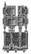Cutaway diagram of a quadruple-expansion steam engine, showing four double-acting cylinders of increasing size