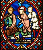 "Saint Blaise confronting the Roman governor", scene from a stained glass window from Soissons (Picardy, France), early 13th century