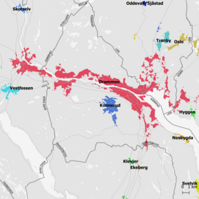 Karte des Tettsteds Drammen sowie der umliegenden Orte
