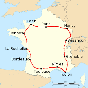 Map of France with the route of the 1905 Tour de France on it, showing that the race started in Paris, went clockwise through France and ended in Paris after eleven stages.