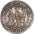 MON(eta) NOV(a) THVRICENSIS CIVIT(atis) IMPERIALIS: "new coin of Zürich, imperial city", 1512 (with Zürich's patron saints Felix, Regula and Exuperantius)