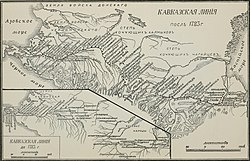 Verlauf der Kaukasischen Linie vor (Karte links unten) und nach 1783 (oben)