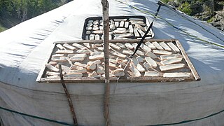Aaruul in the process of drying on top of a ger