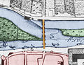 Lage der Brücke auf einer Karte von 1728, links der Doktorwerder, rechts der Blümer Werder
