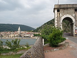 View of Andance from Andancette, across the Rhone River and the Marc Seguin Bridge