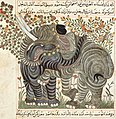 Figure 1. Two elephants, Manafi'-i hayavan in the background, birds in flowering plants, by Ibn Bakhtishu, 1295. The Morgan Library and Museum, NY