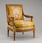 Louis XVI style armchair (fauteuil) from Louis XVI's Salon des Jeux at Saint Cloud; 1788; carved and gilded walnut, gold brocaded silk (not original); overall: 100 × 74.9 × 65.1 cm; Metropolitan Museum of Art