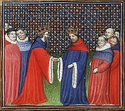 a colourful medieval depiction of two kings meeting in a courtly setting