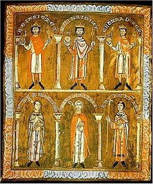 A miniature depicting three men, each wearing a crown, and three men, each holding a crosier